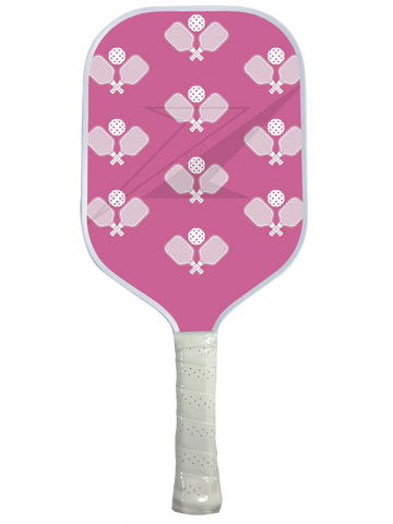 Pink pickleball paddle with a fun design featuring repeated paddle graphics.