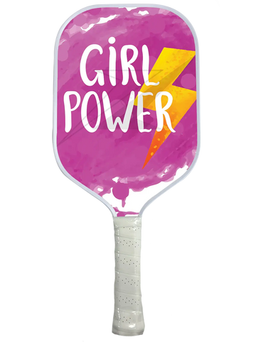 Girl Power pickleball paddle in vibrant pink design, featuring fiberglass and carbon fiber construction.