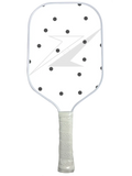 Polka dots paddle made of fiberglass and carbon fiber, perfect for pickleball enthusiasts.
