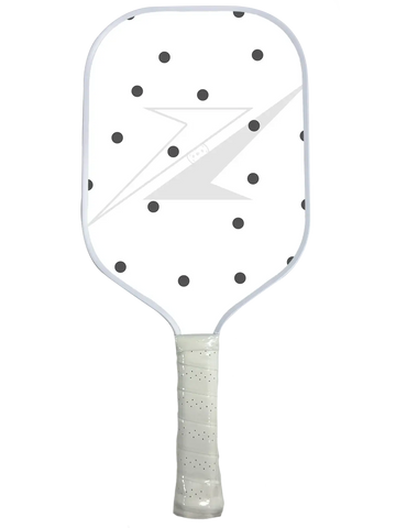 Polka dots paddle made of fiberglass and carbon fiber, perfect for pickleball enthusiasts.