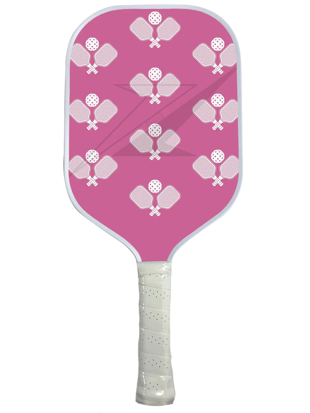 Pink pickleball paddle with a fun design featuring repeated paddle graphics.