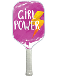 Girl Power pickleball paddle in vibrant pink design, featuring fiberglass and carbon fiber construction.
