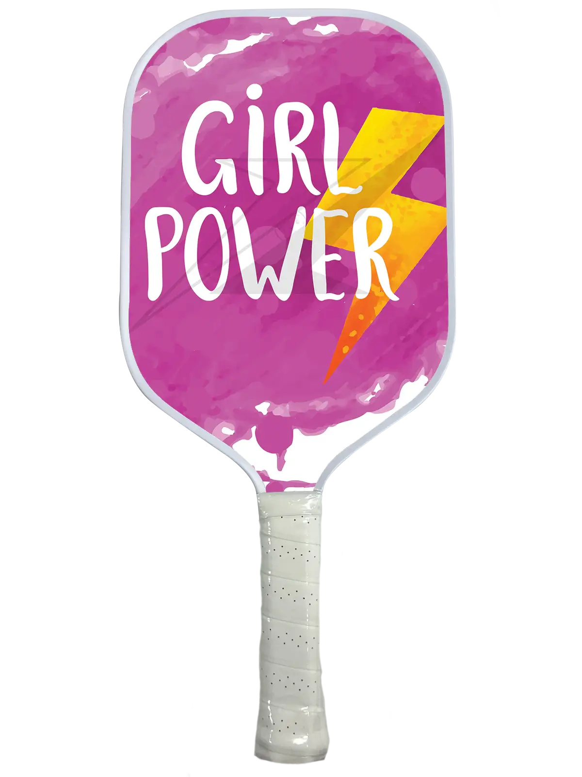 Girl Power pickleball paddle in vibrant pink design, featuring fiberglass and carbon fiber construction.