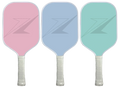 Three colorful pickleball paddles in pink, blue, and green, made from fiberglass and carbon fiber for optimal performance.