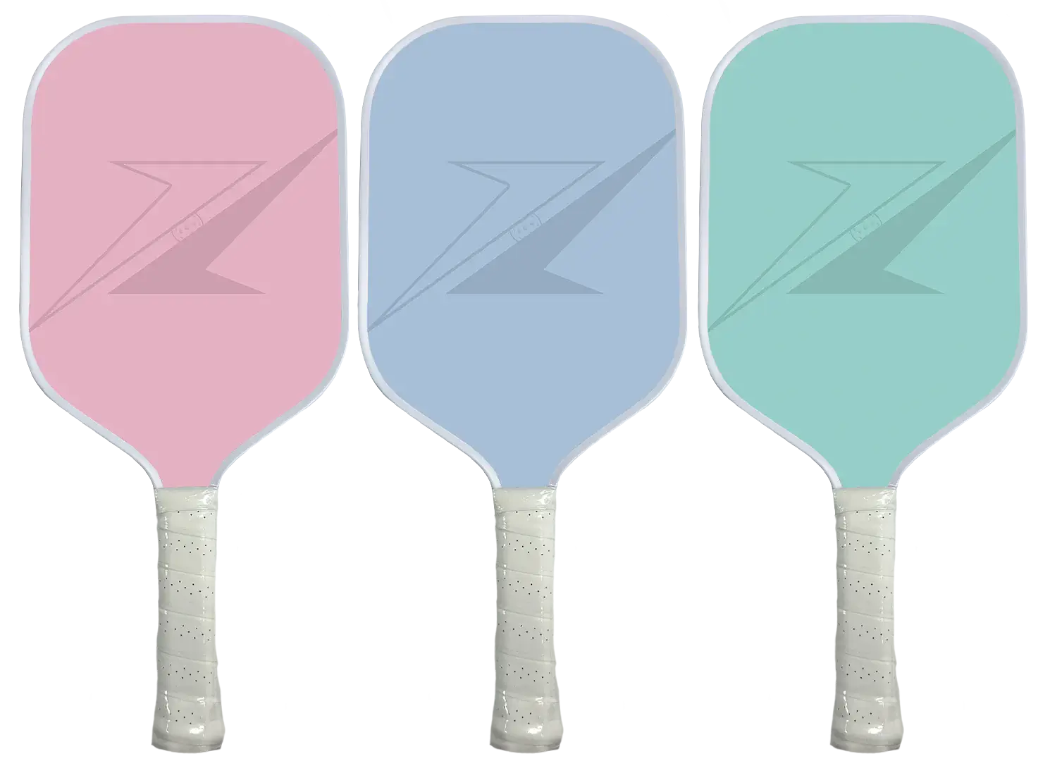 Three colorful pickleball paddles in pink, blue, and green, made from fiberglass and carbon fiber for optimal performance.